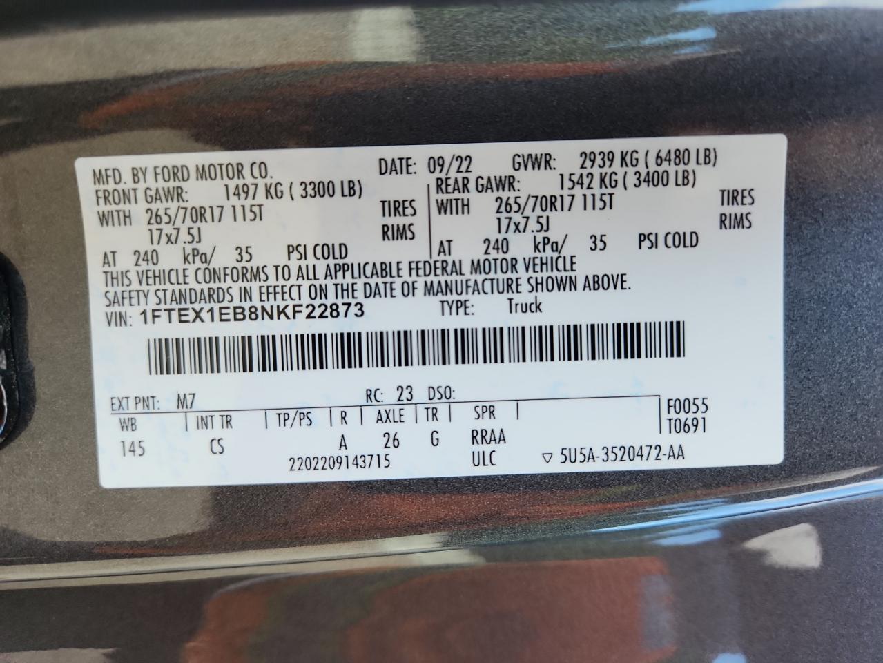 2022 Ford F150 Super Cab VIN: 1FTEX1EB8NKF22873 Lot: 82332205