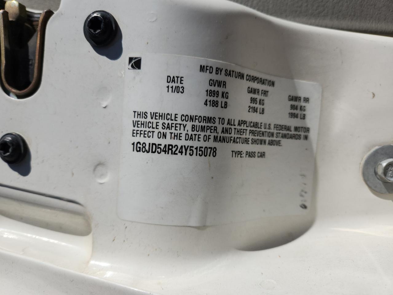 2004 Saturn L300 Level 2 VIN: 1G8JD54R24Y515078 Lot: 90471755
