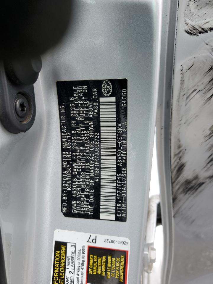 2013 Toyota Camry L VIN: 4T1BF1FK7DU698722 Lot: 82271055