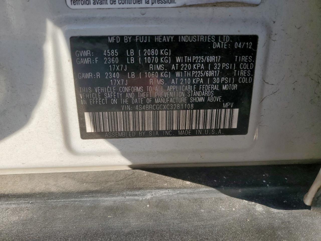 2012 Subaru Outback 2.5I Premium VIN: 4S4BRCGCXC3281108 Lot: 85375515