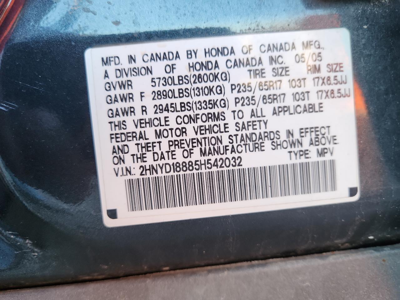 2005 Acura Mdx Touring VIN: 2HNYD18885H542032 Lot: 87231415