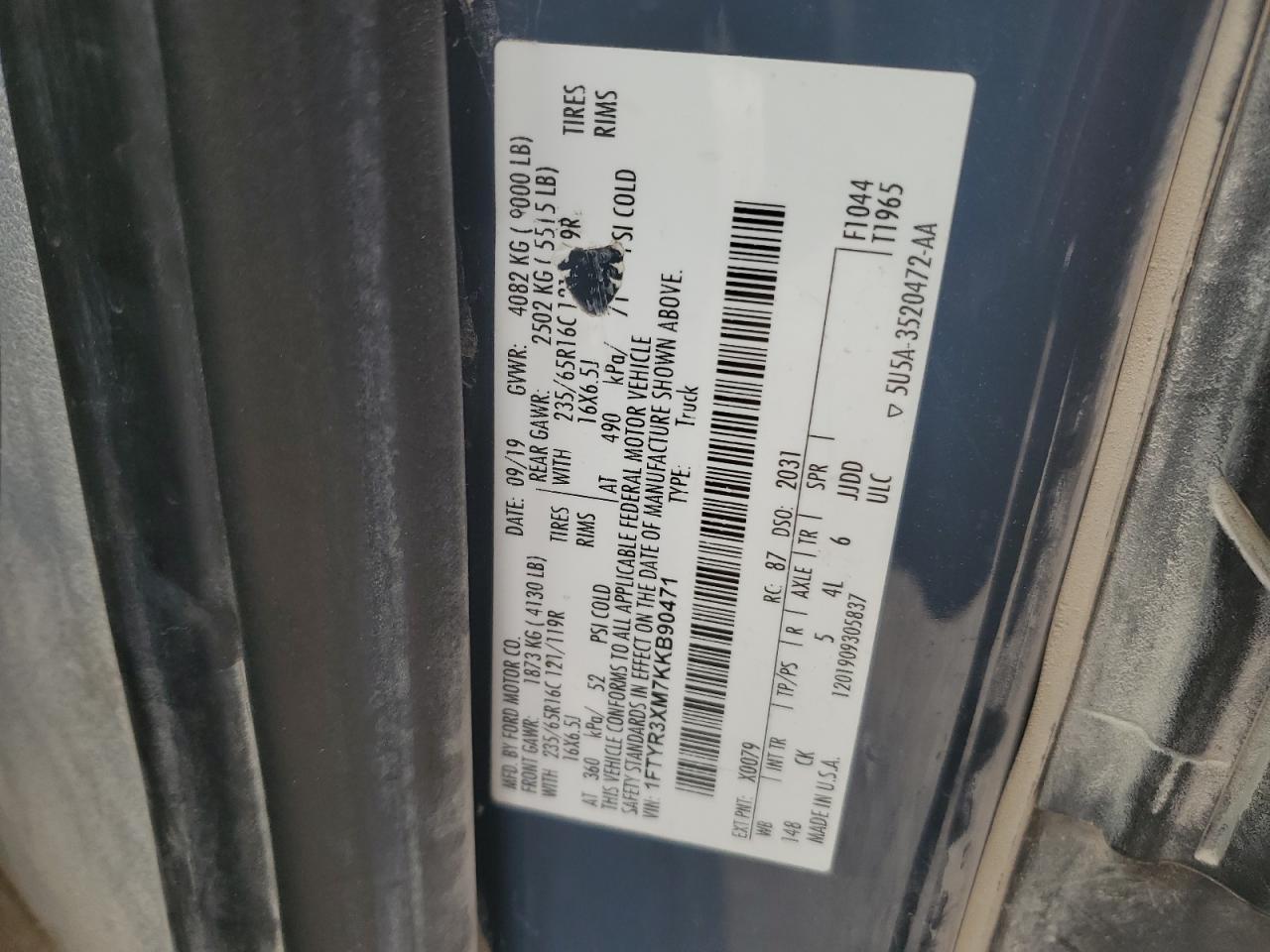 2019 Ford Transit T-250 VIN: 1FTYR3XM7KKB90471 Lot: 82395005