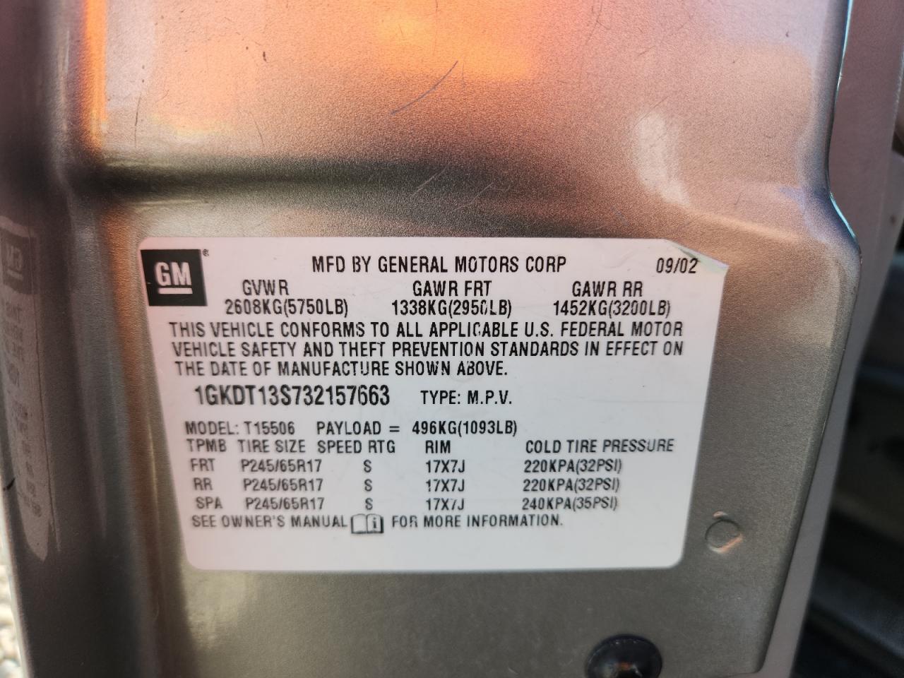 2003 GMC Envoy VIN: 1GKDT13S732157663 Lot: 85941585