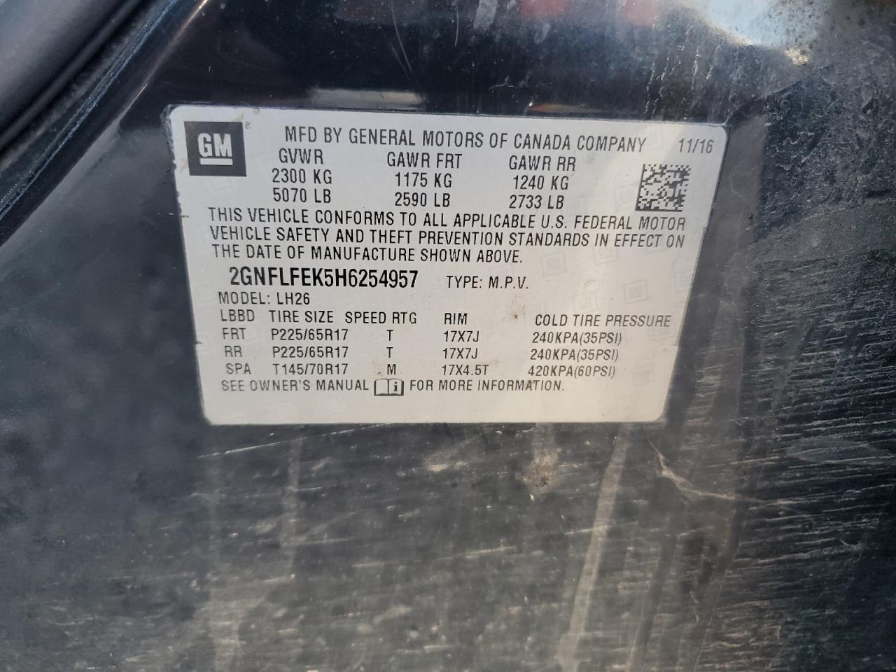 2017 Chevrolet Equinox Lt VIN: 2GNFLFEK5H6254957 Lot: 86264295