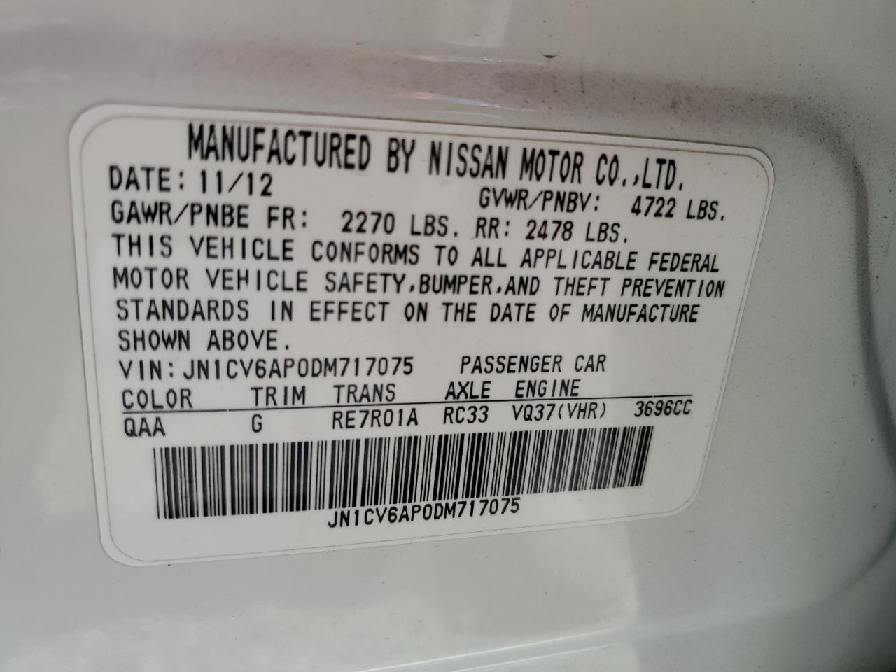 2013 Infiniti G37 Base VIN: JN1CV6AP0DM717075 Lot: 85585185