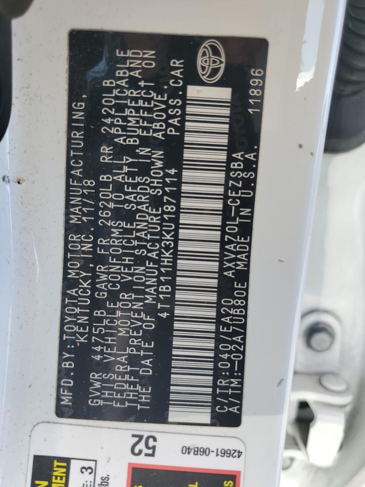 2019 Toyota Camry L VIN: 4T1B11HK3KU187114 Lot: 84915555