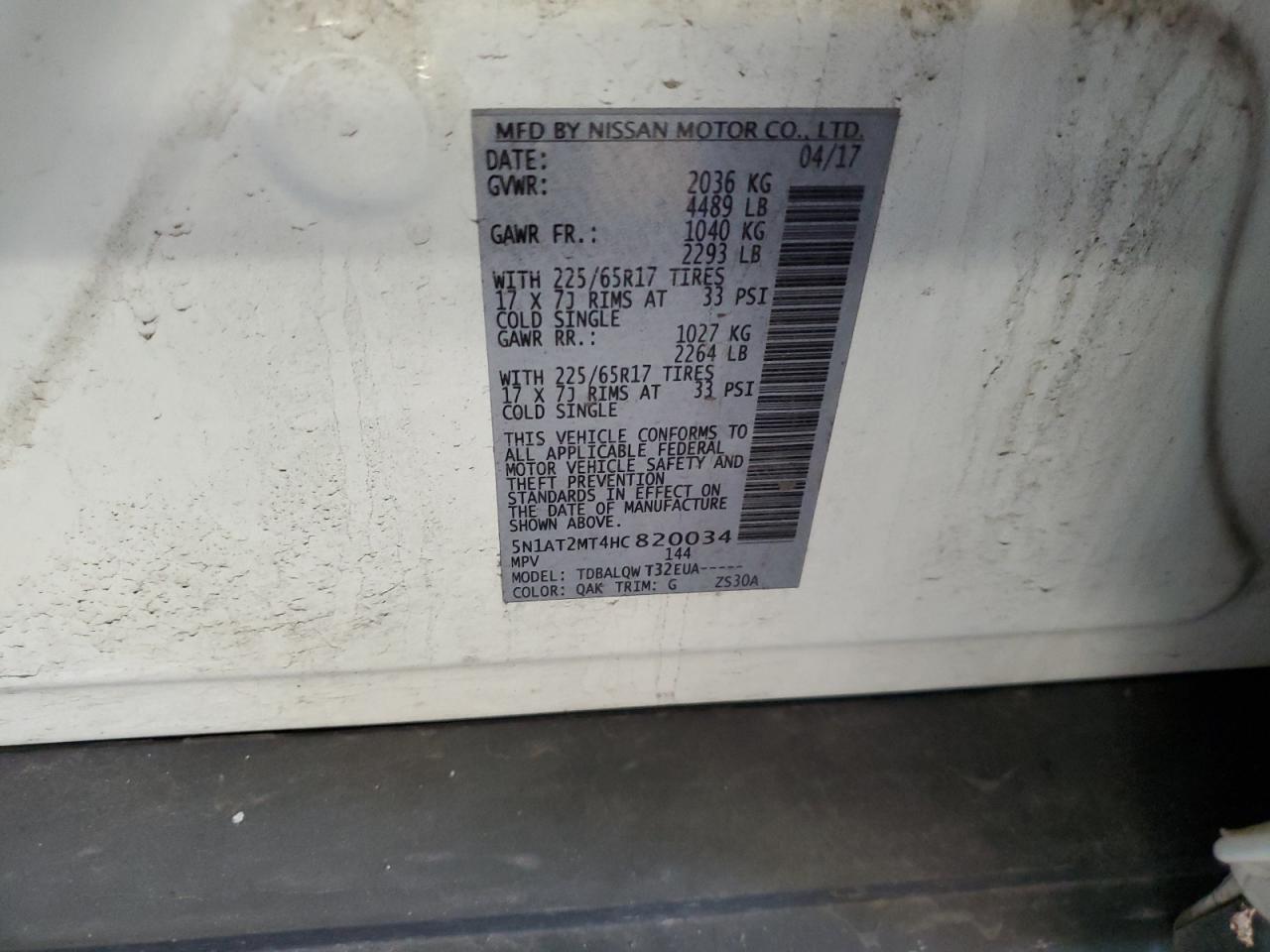 2017 Nissan Rogue S VIN: 5N1AT2MT4HC820034 Lot: 81945595