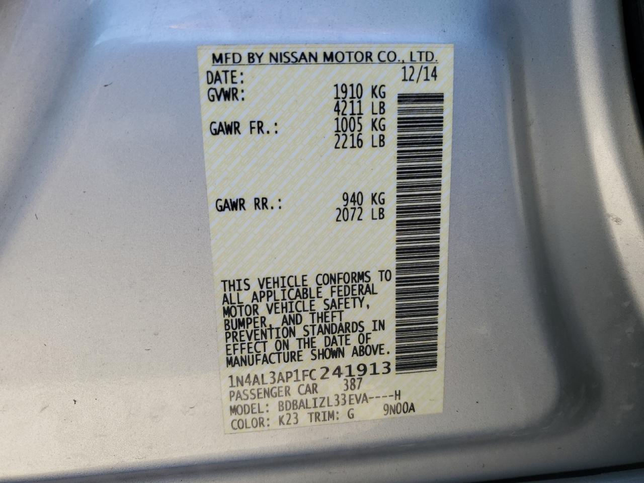 2015 Nissan Altima 2.5 VIN: 1N4AL3AP1FC241913 Lot: 86695685