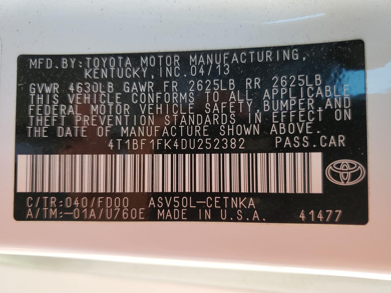 2013 Toyota Camry L VIN: 4T1BF1FK4DU252382 Lot: 84960105