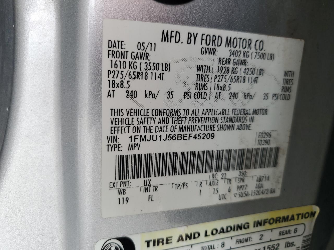 2011 Ford Expedition Xlt VIN: 1FMJU1J56BEF45209 Lot: 85190905