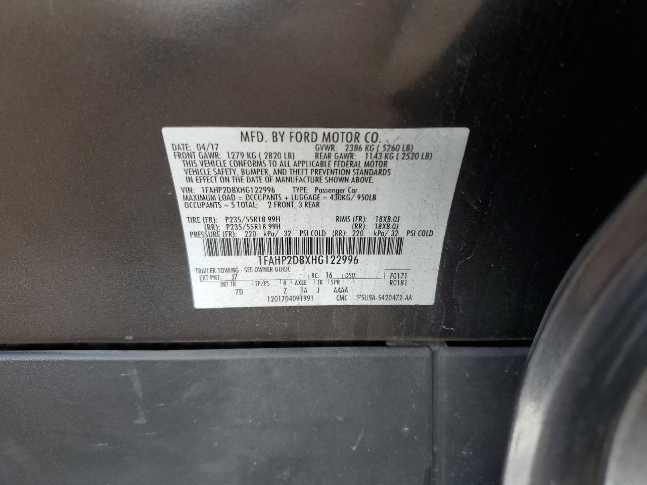 2017 Ford Taurus Se VIN: 1FAHP2D8XHG122996 Lot: 86453015