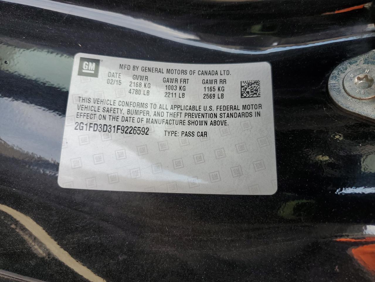 2015 Chevrolet Camaro Lt VIN: 2G1FD3D31F9226592 Lot: 84659085