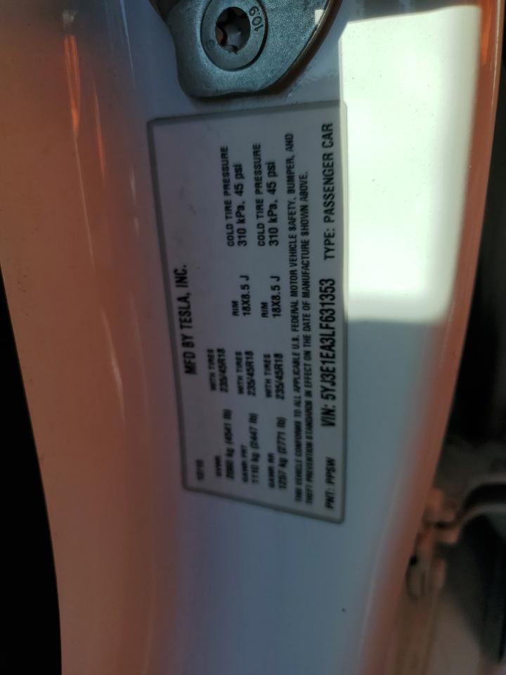 2020 Tesla Model 3 VIN: 5YJ3E1EA3LF631353 Lot: 89529415