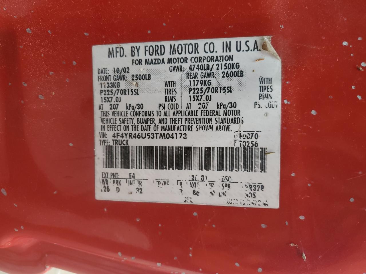 2003 Mazda B3000 Cab Plus VIN: 4F4YR46U53TM04173 Lot: 85885455