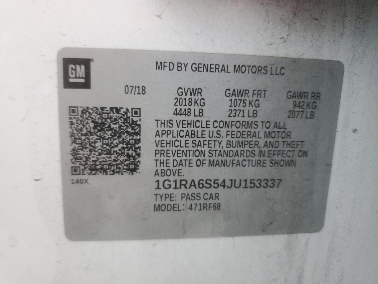 2018 Chevrolet Volt Lt VIN: 1G1RA6S54JU153337 Lot: 82389315