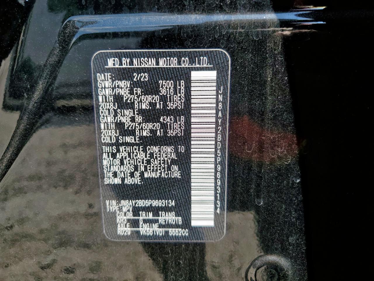 2023 Nissan Armada Sl VIN: JN8AY2BD5P9693134 Lot: 84789765