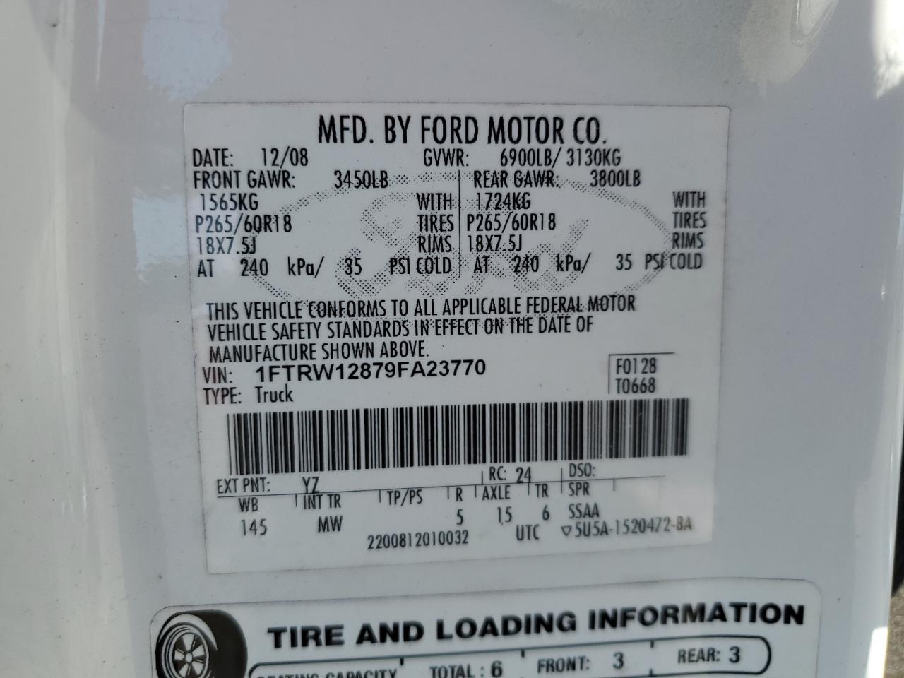 2009 Ford F150 Supercrew VIN: 1FTRW12879FA23770 Lot: 85905465
