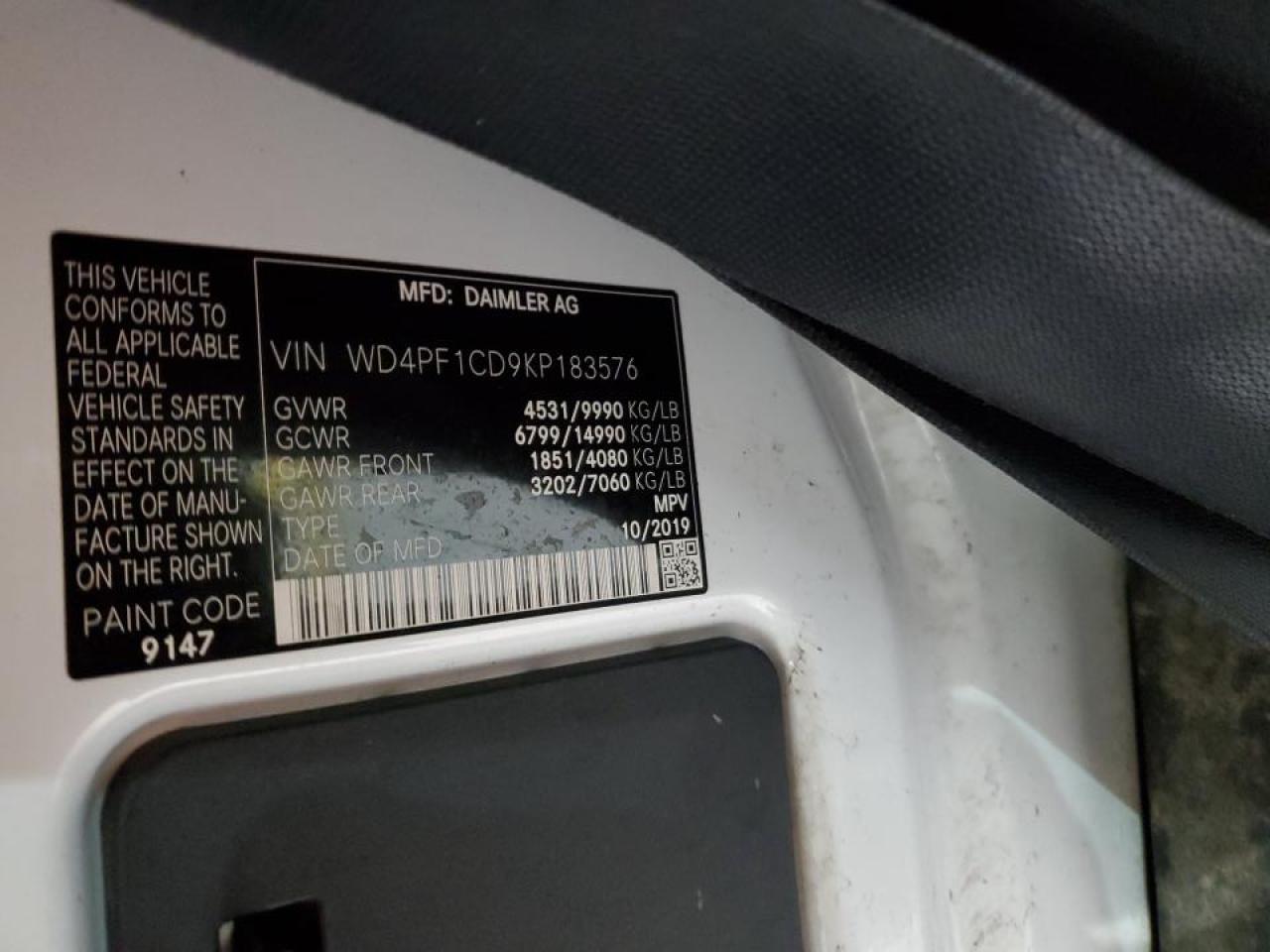 2019 Mercedes-Benz Sprinter Utility / Service Van VIN: WD4PF1CD9KP183576 Lot: 90791715
