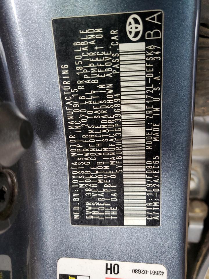 2016 Toyota Corolla L VIN: 5YFBURHE3GP396894 Lot: 84949995