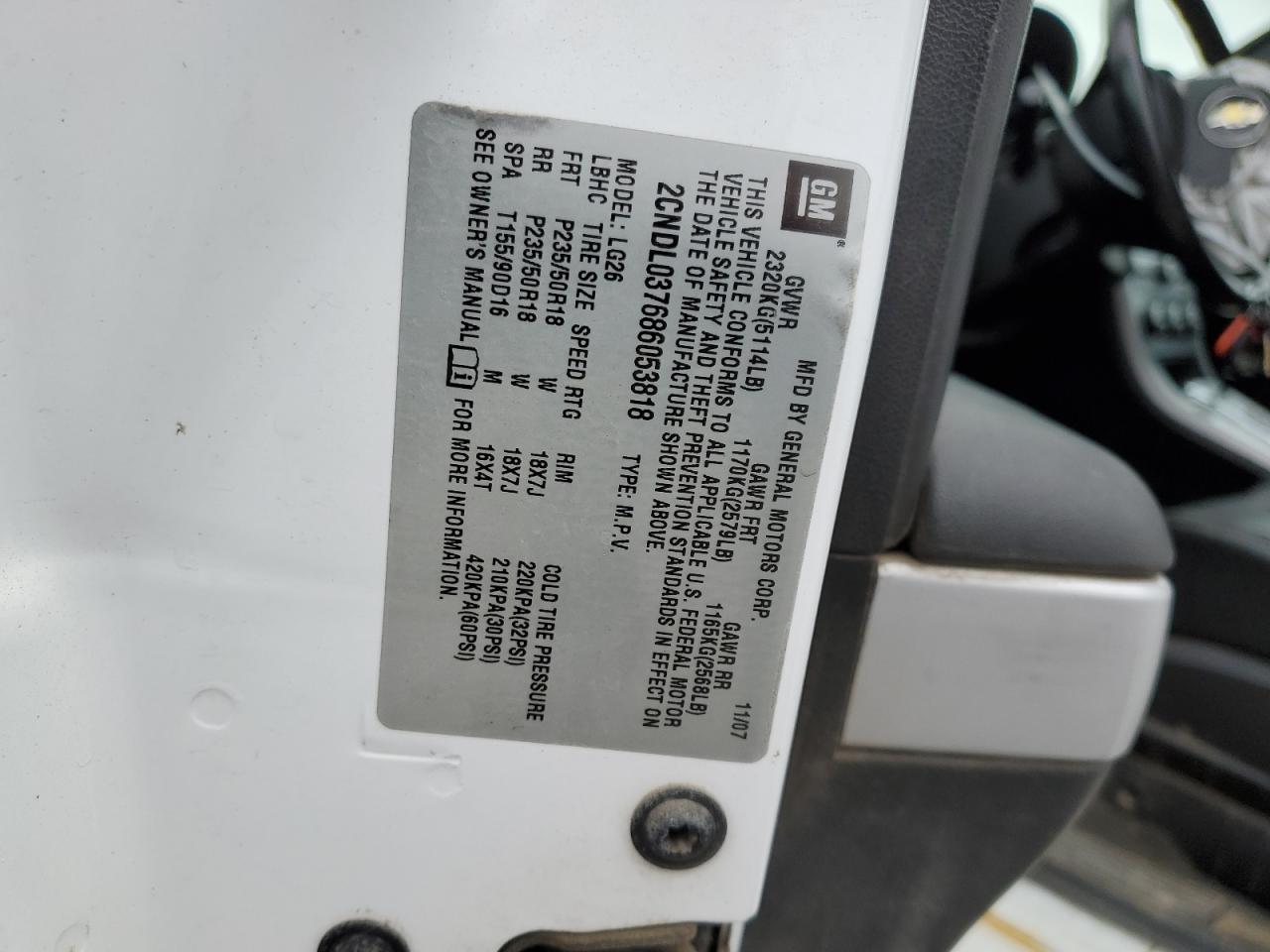 2008 Chevrolet Equinox Sport VIN: 2CNDL037686053818 Lot: 86212625