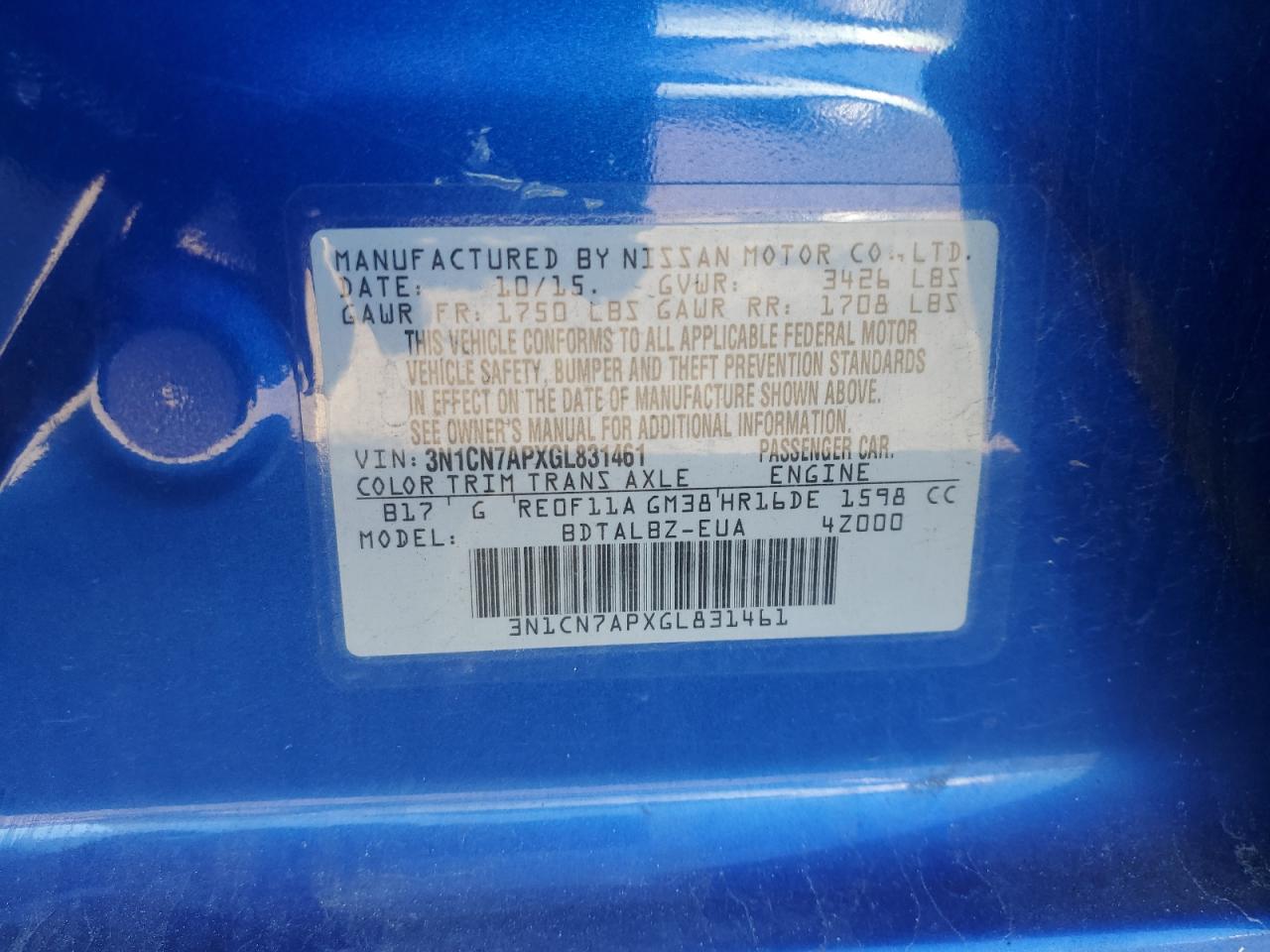 2016 Nissan Versa S VIN: 3N1CN7APXGL831461 Lot: 82365035