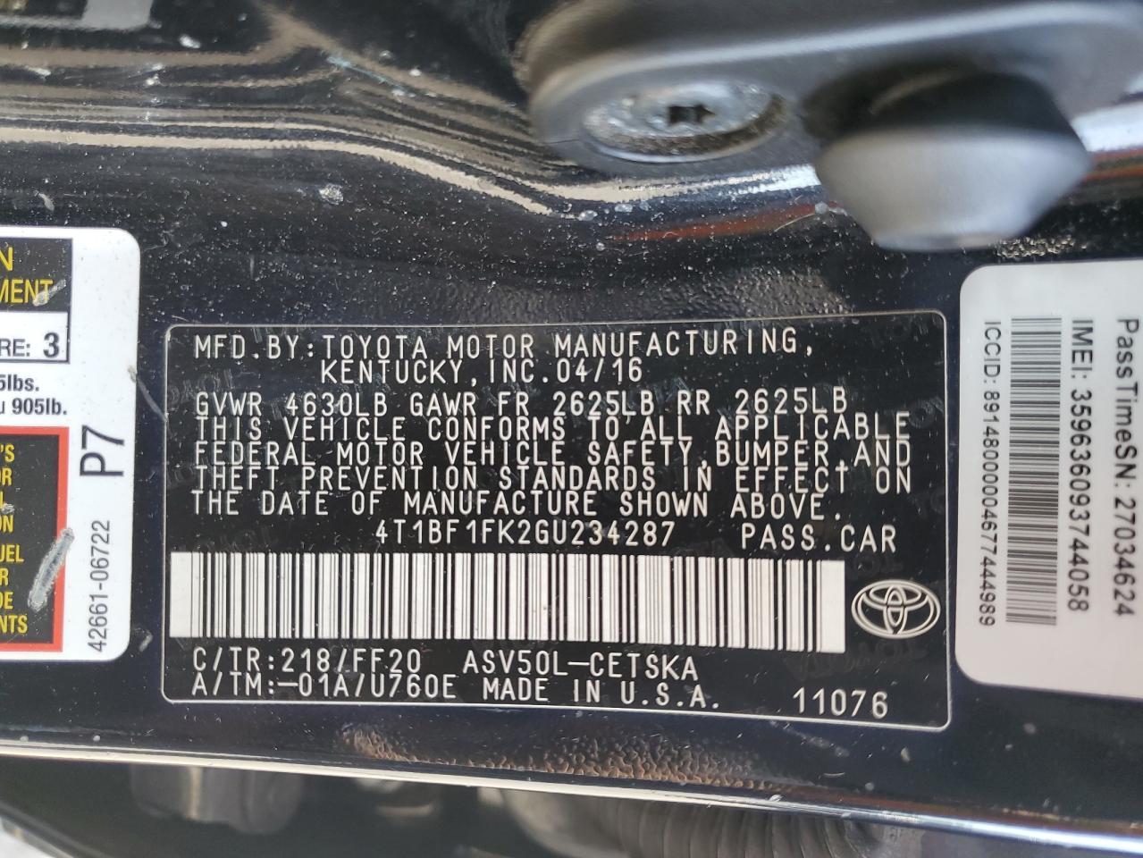 2016 Toyota Camry Le VIN: 4T1BF1FK2GU234287 Lot: 83846175