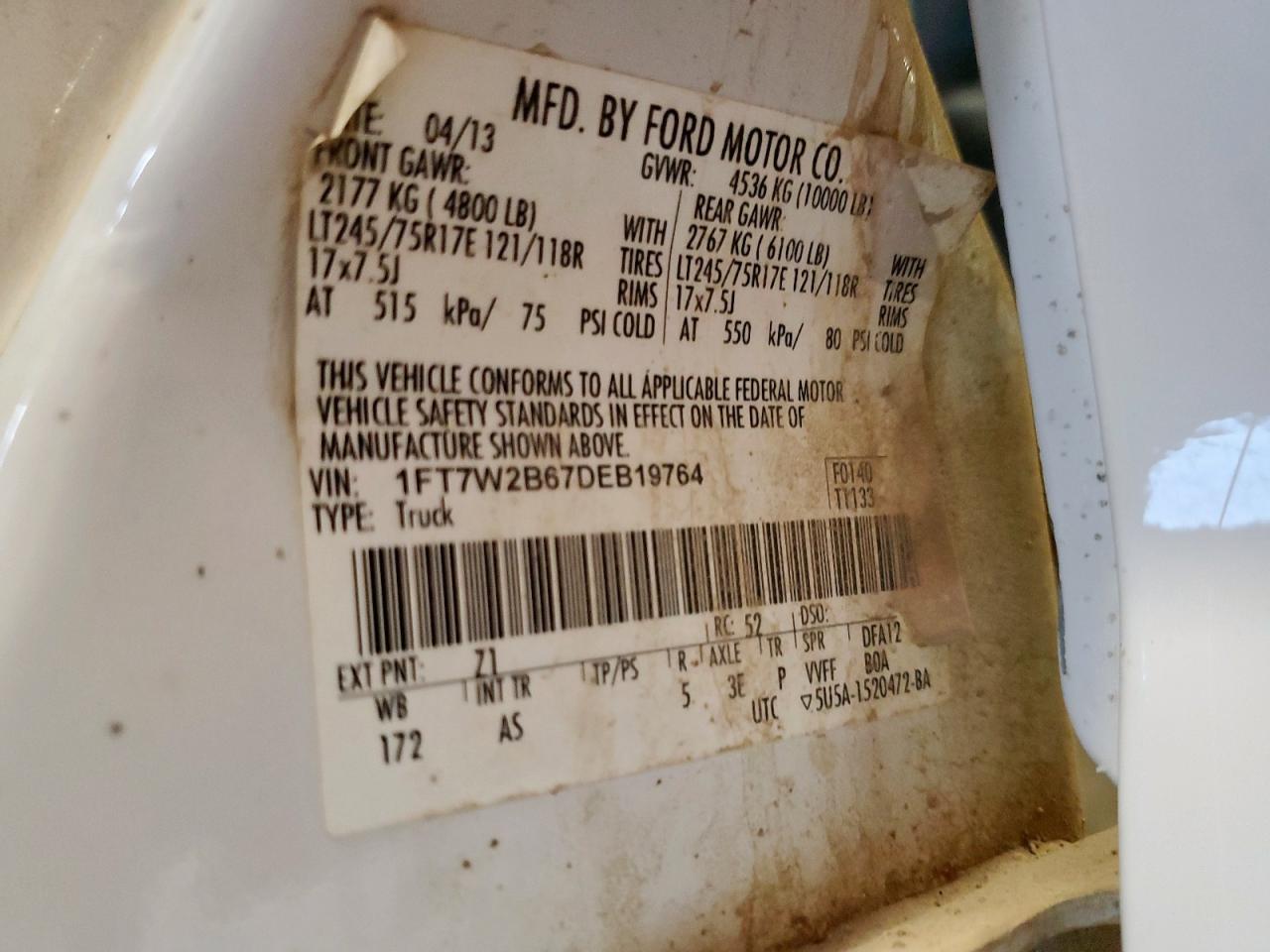 2013 Ford F250 Super Duty VIN: 1FT7W2B67DEB19764 Lot: 84933835