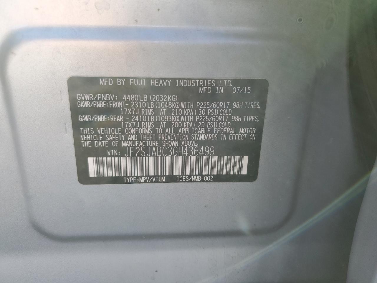 2016 Subaru Forester 2.5I VIN: JF2SJABC3GH436499 Lot: 84889215