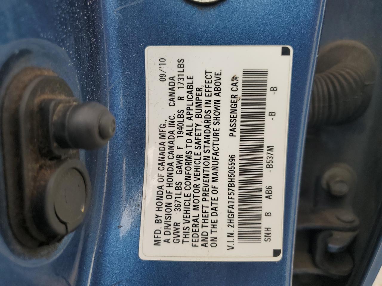 2011 Honda Civic Lx VIN: 2HGFA1F57BH505596 Lot: 82381735