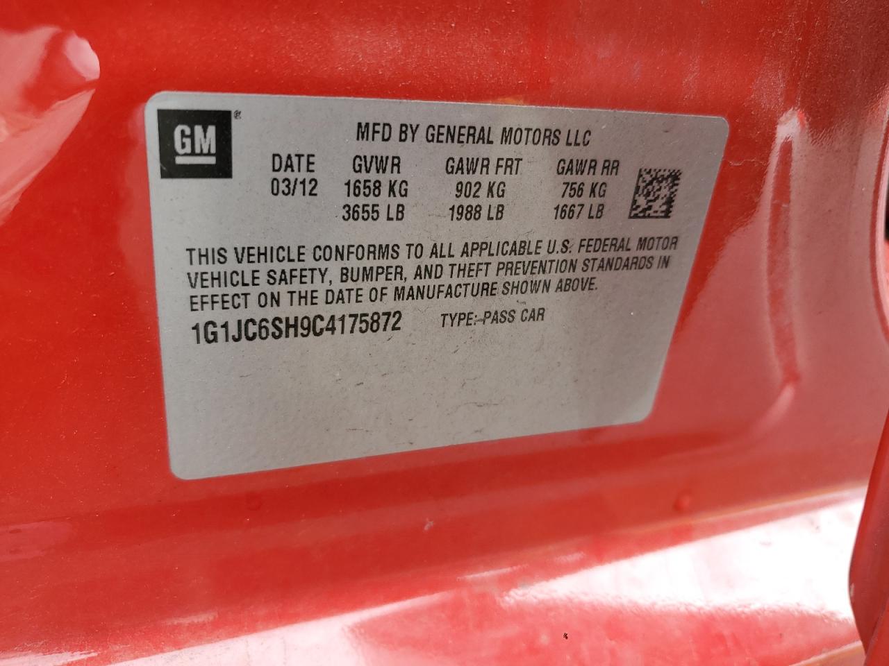 2012 Chevrolet Sonic Lt VIN: 1G1JC6SH9C4175872 Lot: 85168405