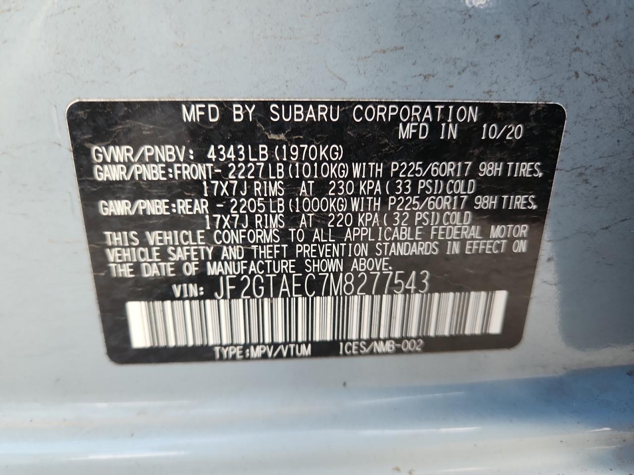 2021 Subaru Crosstrek Premium VIN: JF2GTAEC7M8277543 Lot: 82293455