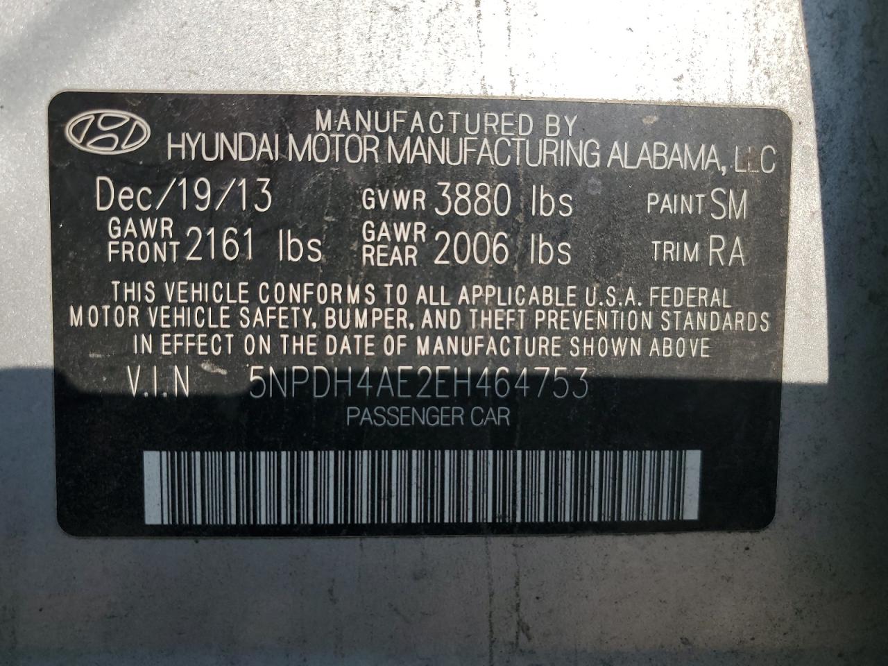 2014 Hyundai Elantra Se VIN: 5NPDH4AE2EH464753 Lot: 82212975