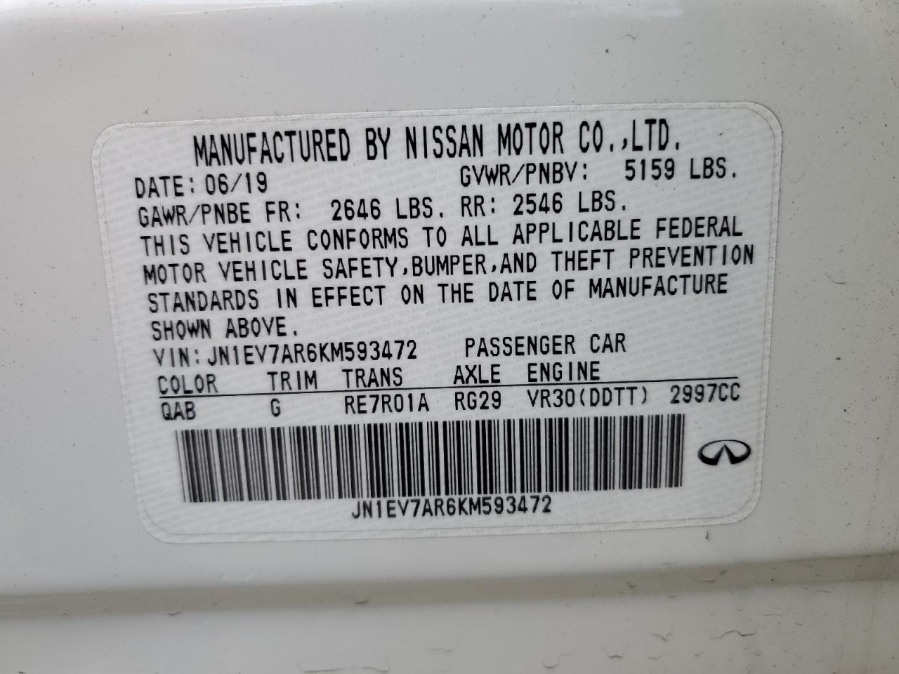 2019 Infiniti Q50 Luxe VIN: JN1EV7AR6KM593472 Lot: 89622725