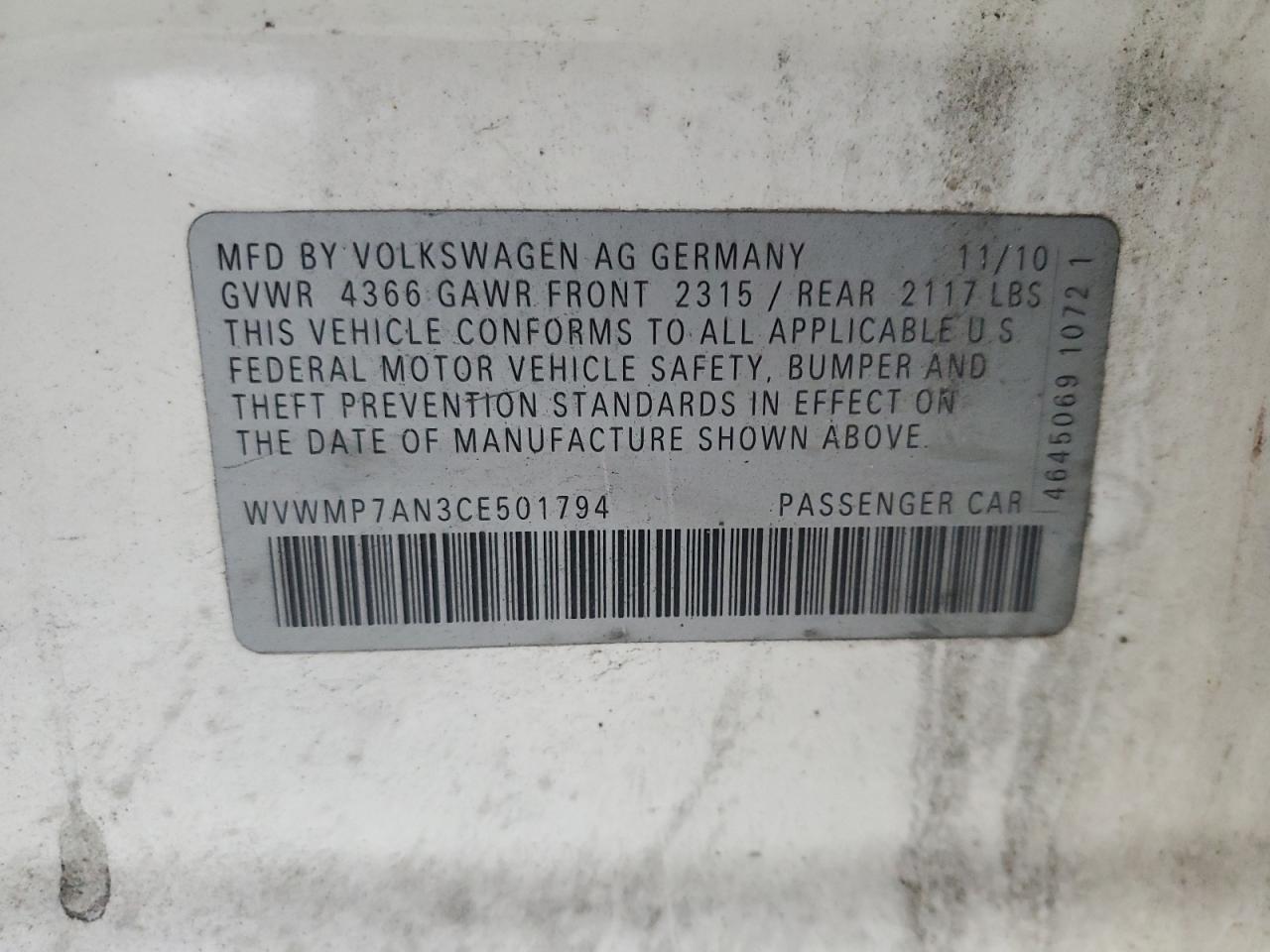 2012 Volkswagen Cc Sport VIN: WVWMP7AN3CE501794 Lot: 87208175