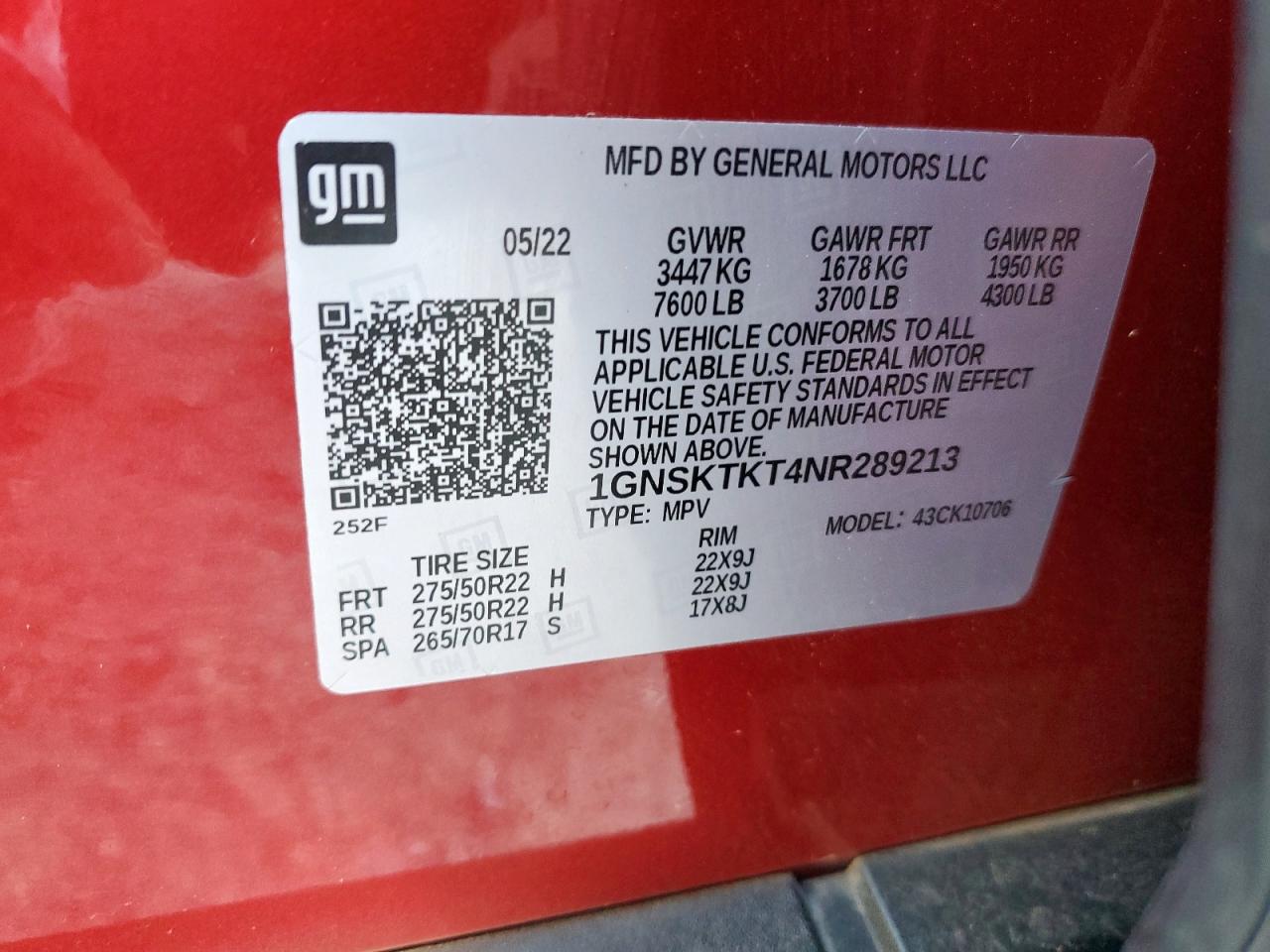 2022 Chevrolet Tahoe K1500 High Country VIN: 1GNSKTKT4NR289213 Lot: 90018215