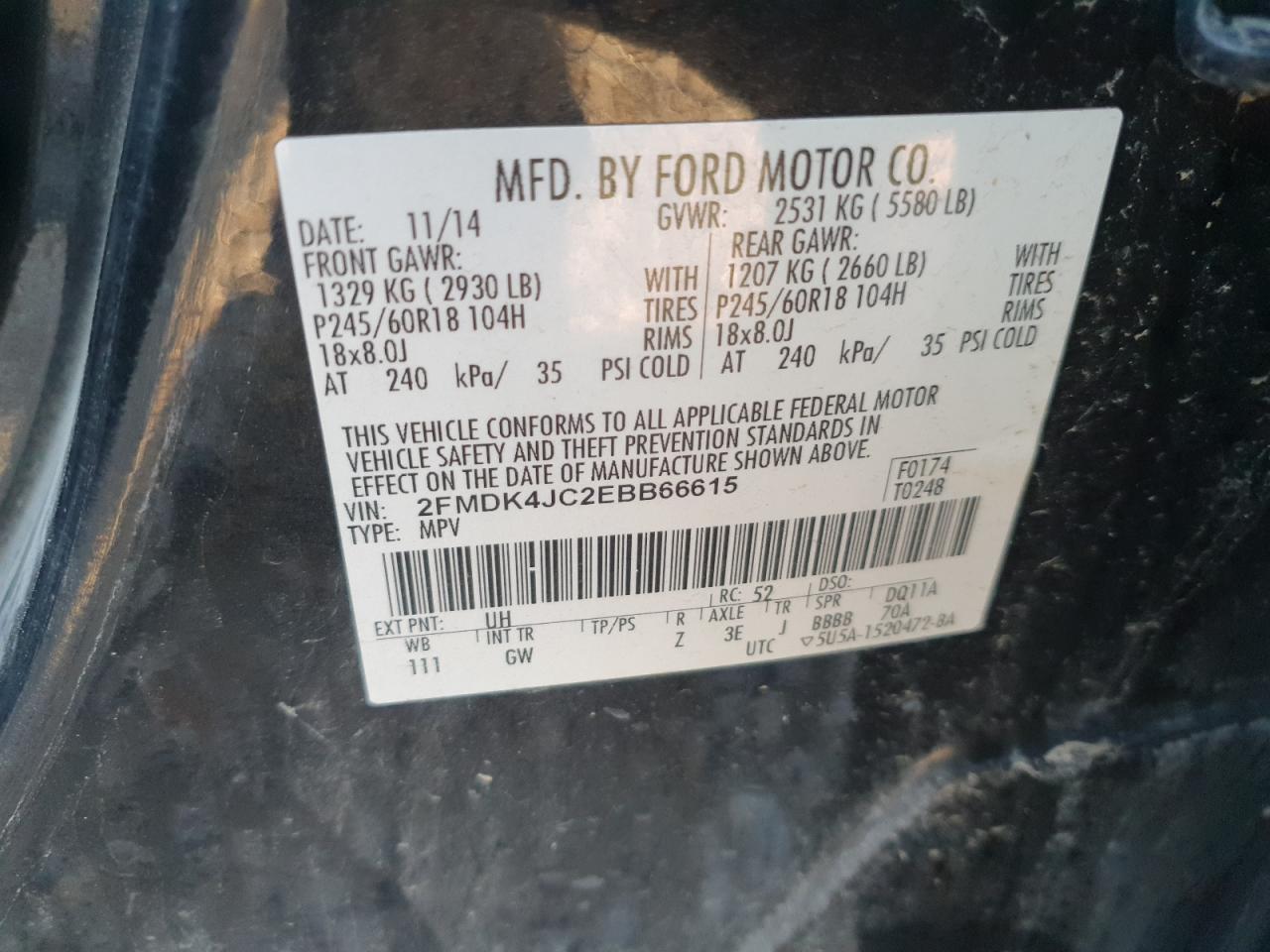 2014 Ford Edge Sel VIN: 2FMDK4JC2EBB66615 Lot: 82247235