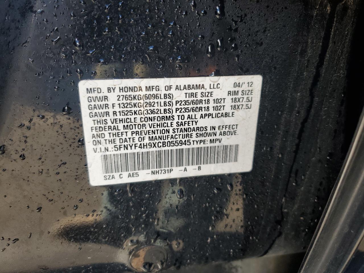 2012 Honda Pilot Touring VIN: 5FNYF4H9XCB055945 Lot: 84244365