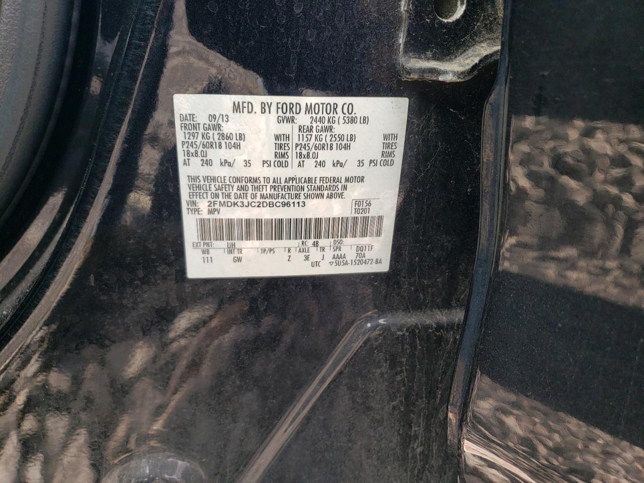 2013 Ford Edge Sel VIN: 2FMDK3JC2DBC96113 Lot: 89878055