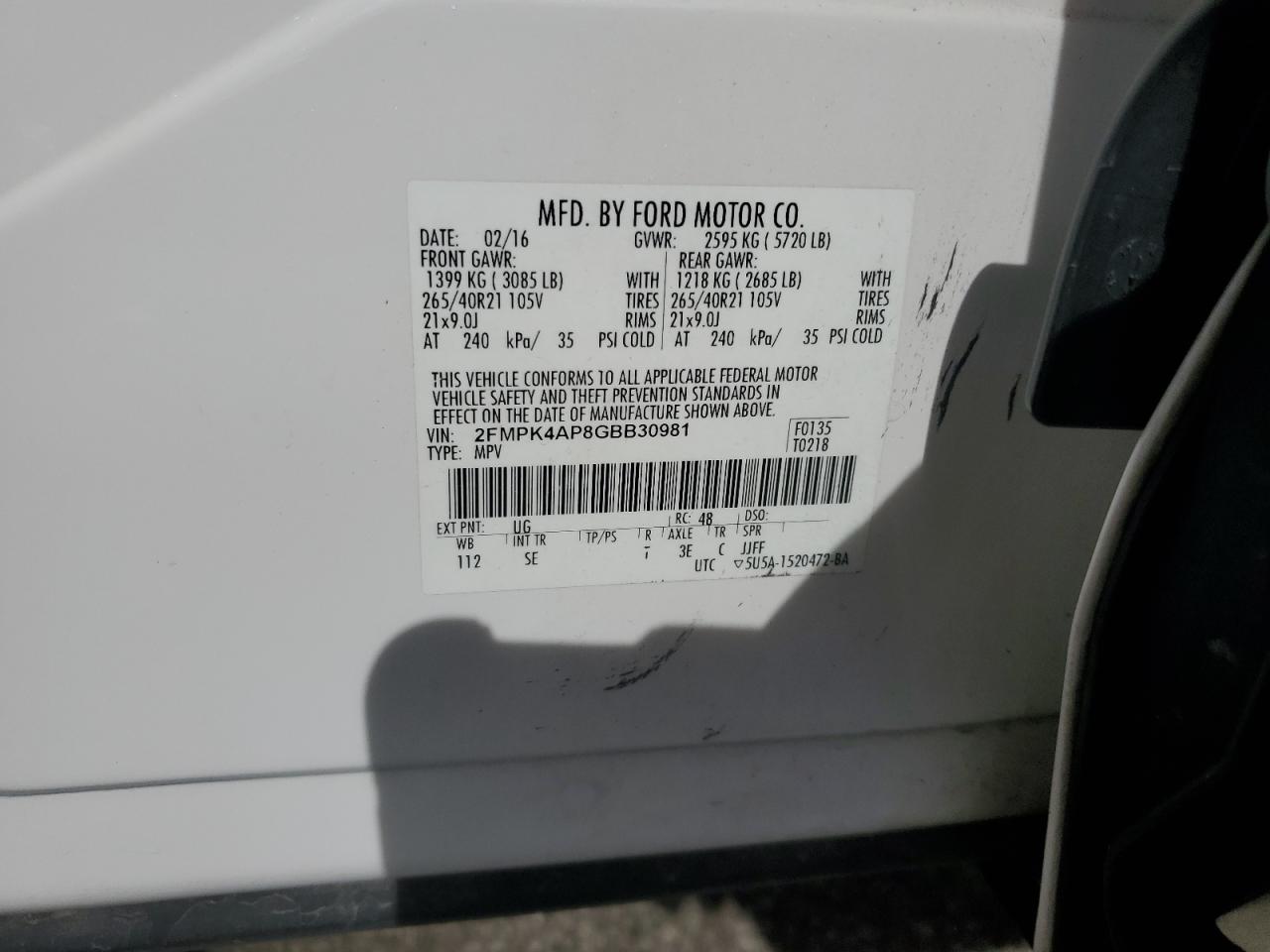 2016 Ford Edge Sport VIN: 2FMPK4AP8GBB30981 Lot: 82330155