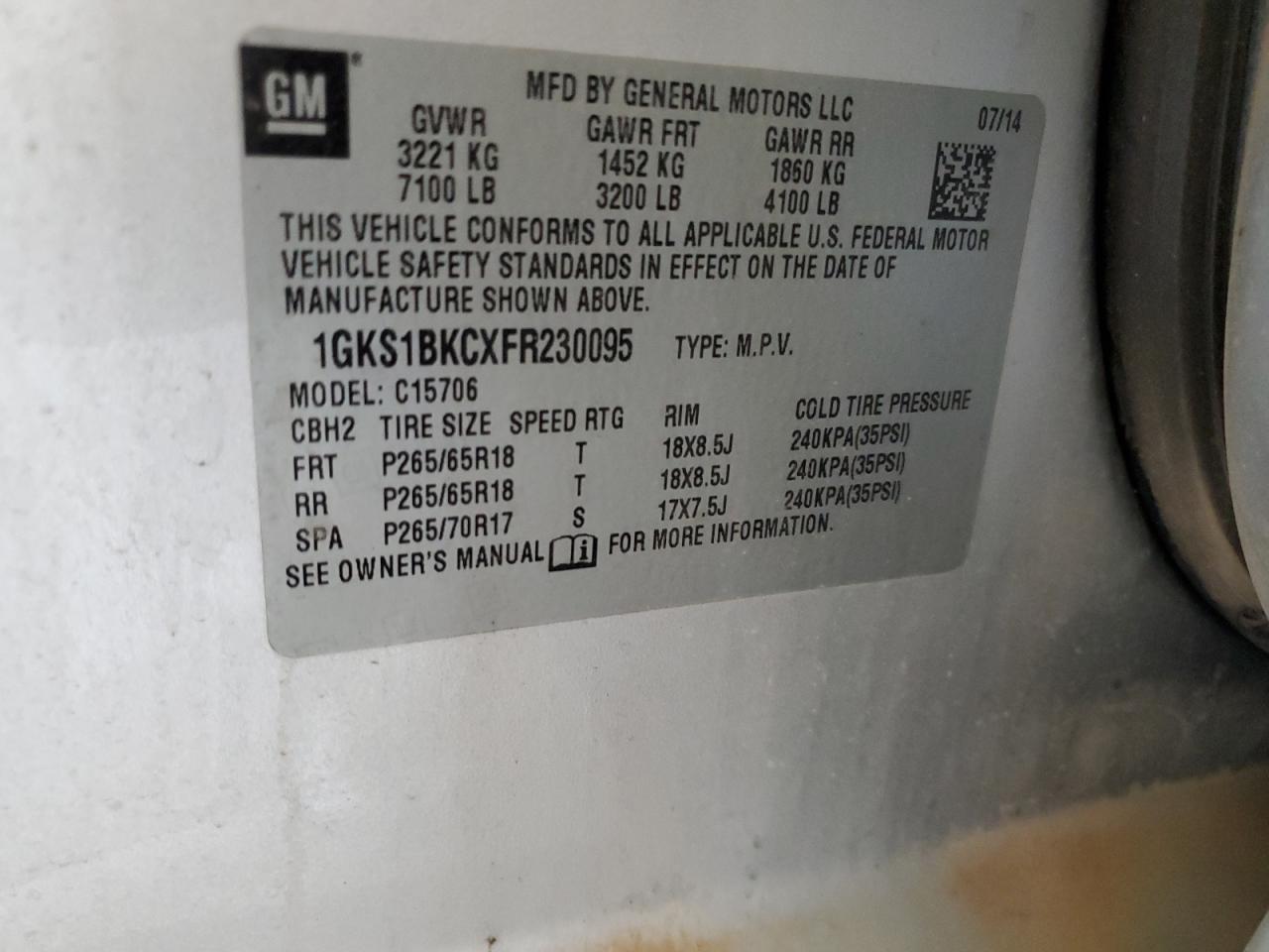 2015 GMC Yukon Slt VIN: 1GKS1BKCXFR230095 Lot: 85480095