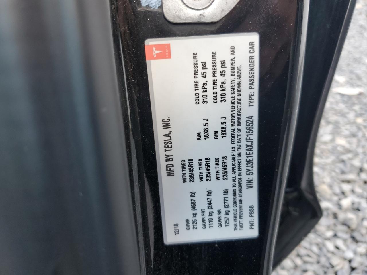 2018 Tesla Model 3 VIN: 5YJ3E1EAXJF156524 Lot: 85753535