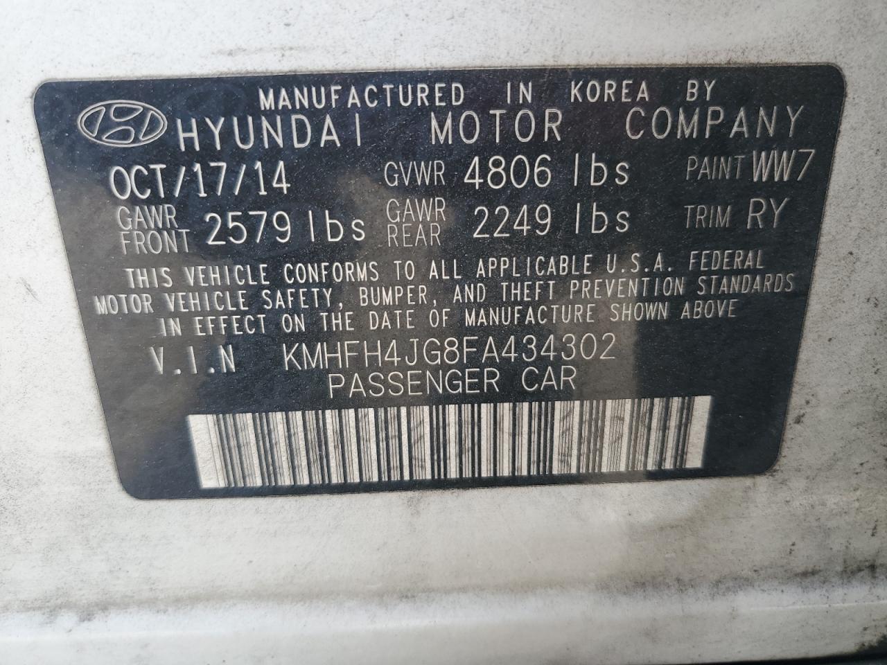 2015 Hyundai Azera Limited VIN: KMHFH4JG8FA434302 Lot: 86802925