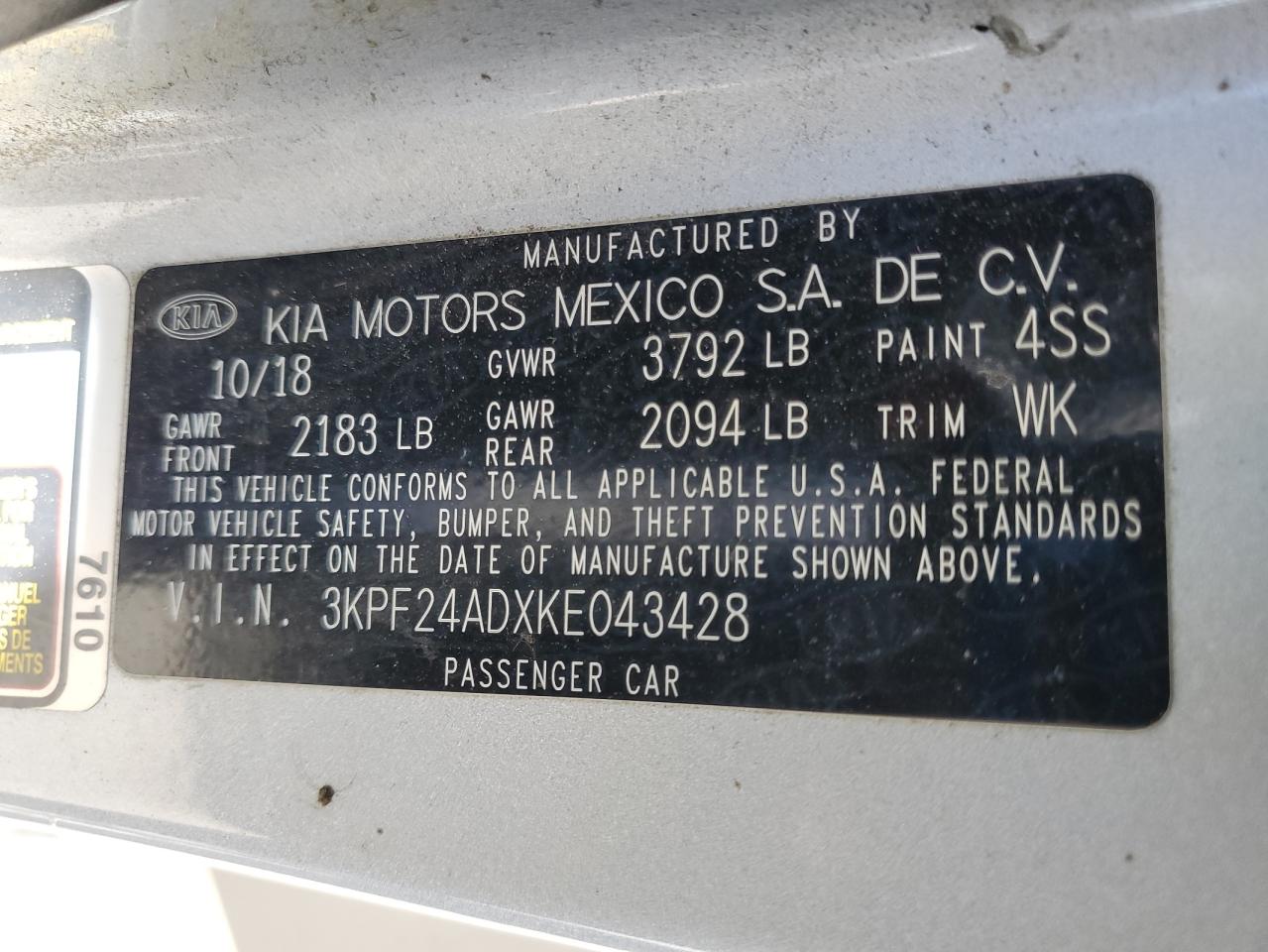 2019 Kia Forte Fe VIN: 3KPF24ADXKE043428 Lot: 84466845