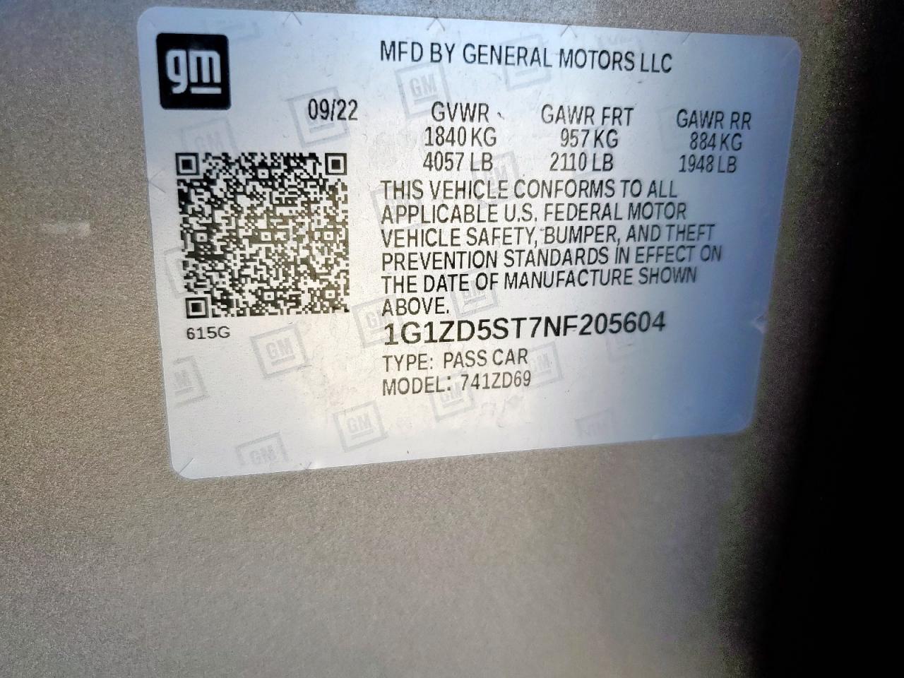 2022 Chevrolet Malibu Lt VIN: 1G1ZD5ST7NF205604 Lot: 82385905