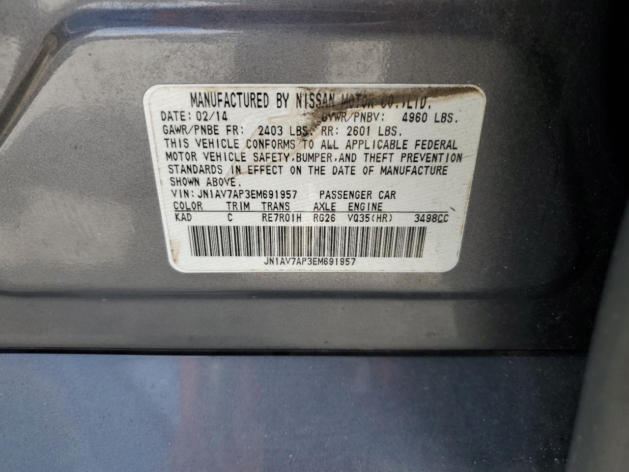 2014 Infiniti Q50 Hybrid Premium VIN: JN1AV7AP3EM691957 Lot: 85677235