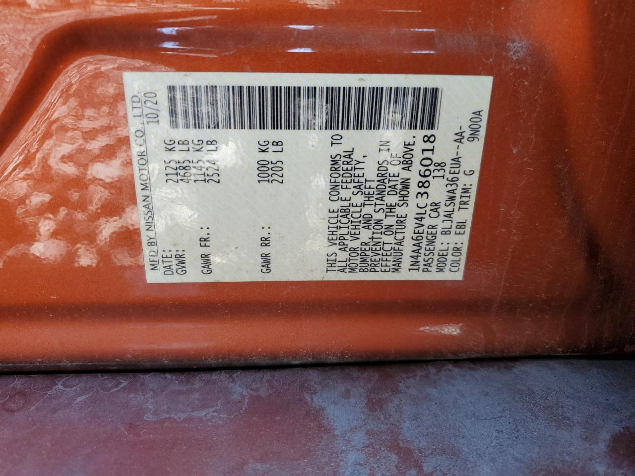 2020 Nissan Maxima Sr VIN: 1N4AA6EV4LC386018 Lot: 82430645