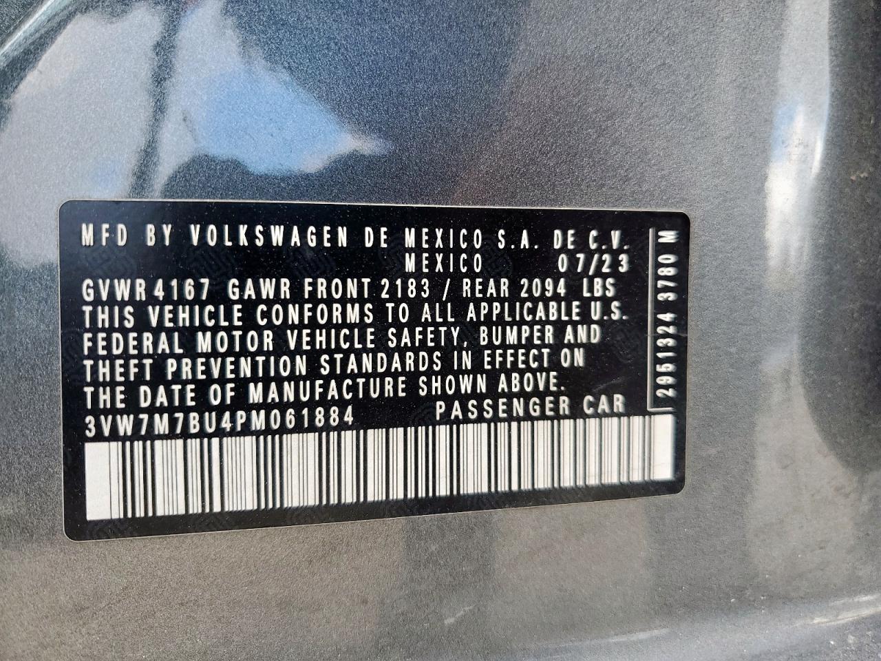 2023 Volkswagen Jetta Se VIN: 3VW7M7BU4PM061884 Lot: 85537515