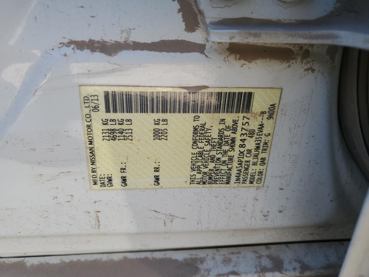 2013 Nissan Maxima S VIN: 1N4AA5AP1DC843757 Lot: 87086185