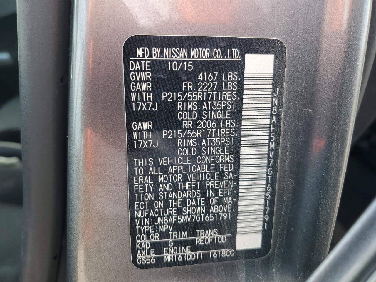 2016 Nissan Juke S VIN: JN8AF5MV7GT651791 Lot: 86217215