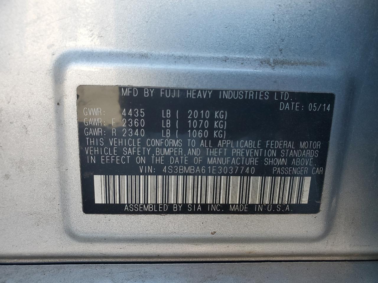 2014 Subaru Legacy 2.5I VIN: 4S3BMBA61E3037740 Lot: 81656075
